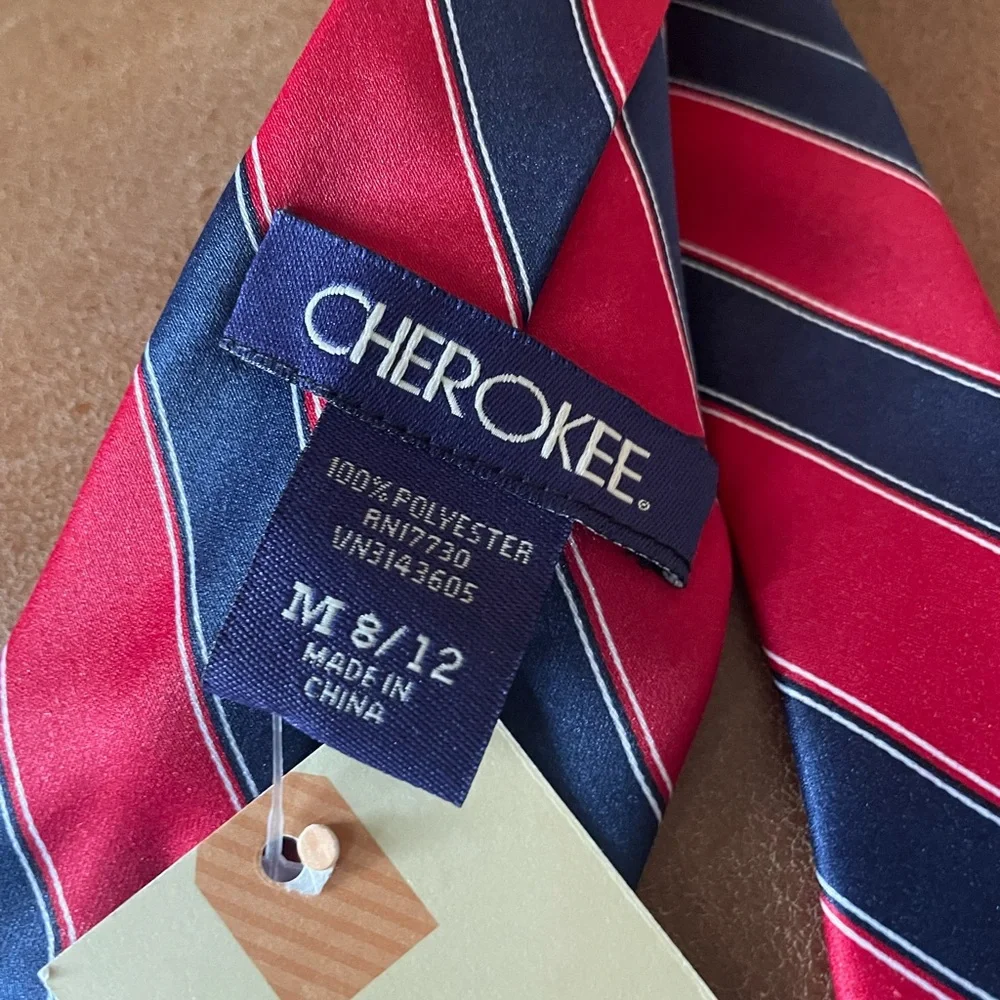 Boys clip on neck tie Red and Navy Striped size 8 to 10 formal dressy church